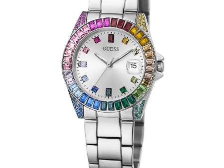 GUESS Ladies Silver Tone Day Date Watch Hot on Sale