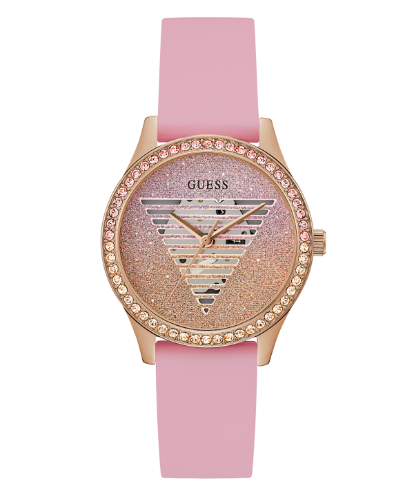 GUESS Ladies Pink Rose Gold Tone Analog Watch For Discount