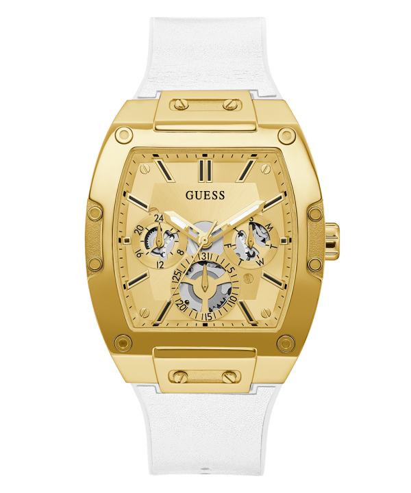 GUESS Mens White Gold Tone Multi-function Watch For Cheap