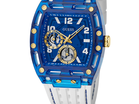 GUESS Mens White Blue Multi-function Watch Discount